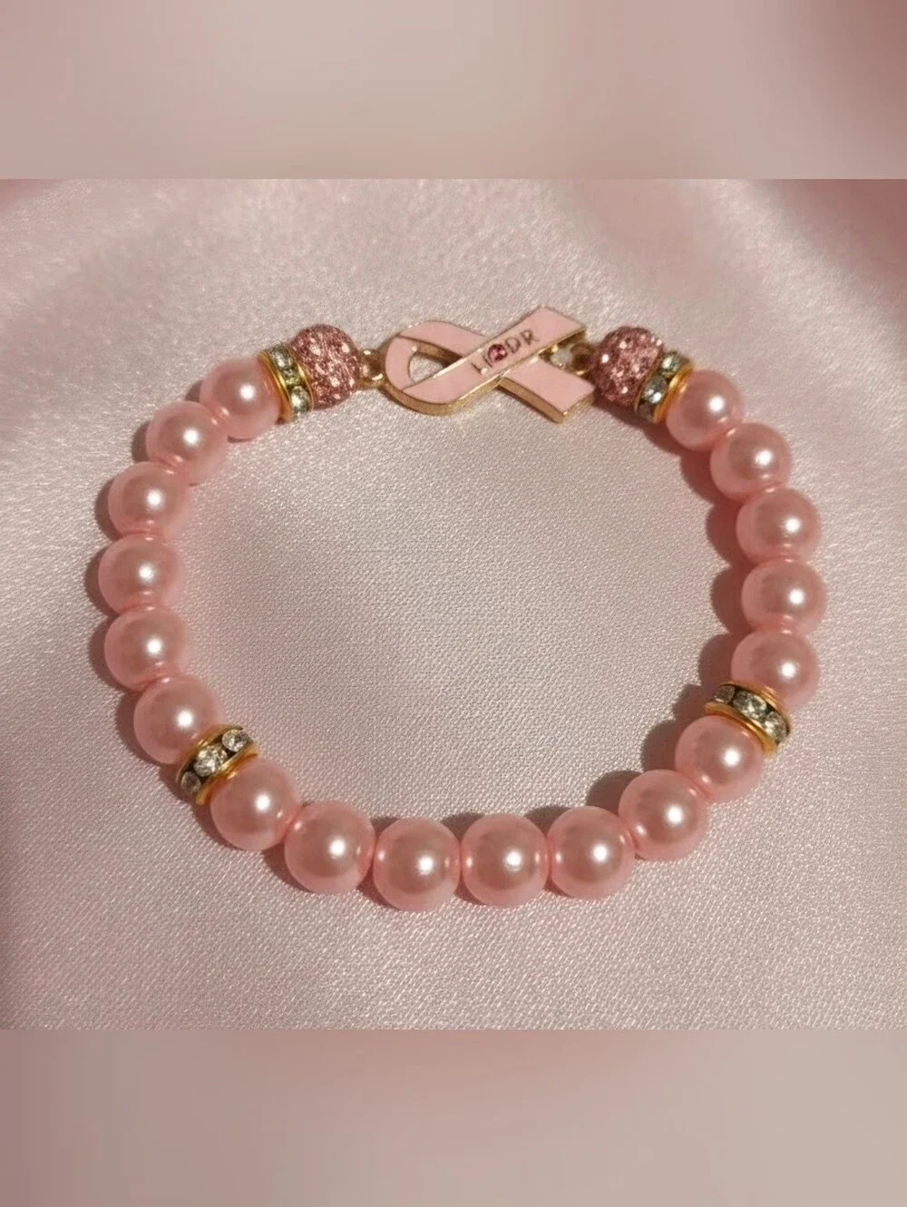 Pink Awareness Pearl Stretch Bracelet with Ribbon Charm